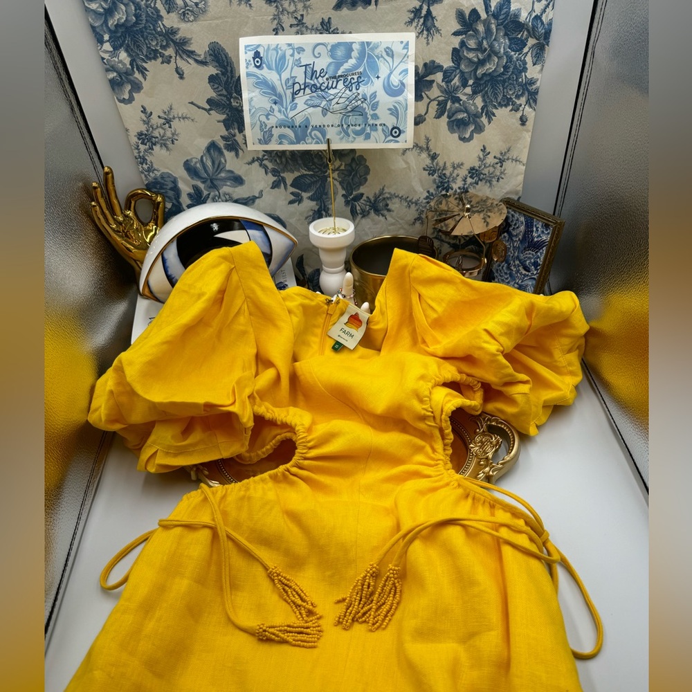 🆕 FARM Rio 🧿 NWOT Linen Cut Out Midi Dress, Yellow - Size XS - Picture 14 of 16